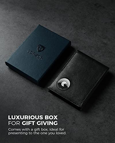 Image of LORZOR Mens Wallet with AirTag Holder, Bifold Full Grain Leather AirTag Wallet with ID Window RFID Blocking Gift Box for Men, up to 12 Cards
