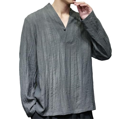 Chemise chinoise homme coton lin vintage col v boutons