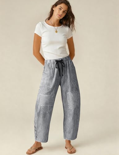 Image of TARSE Womens Striped Linen Barrel Pants with Pockets Y2k Patchwork