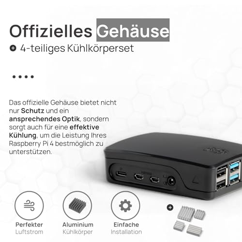 Raspberry Pi 4 4GB Starter-Kit | 64GB Black Edition | Offizielles Netzteil 15W | Offizielles Gehäuse | 4k Micro HDMI Kabel | Kühlkörper Set | USB-Kartenleser