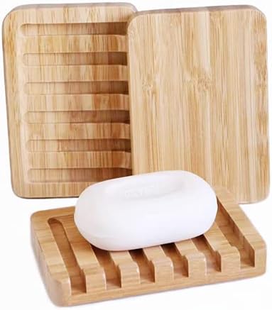 3 Pack Bamboo Soap Dish, Bar Soap Holder with Self Draining Tray, Natural Waterfall Drain Soap Saver, Used for Bathroom, Kitchen
