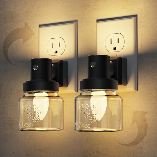 Image of L LOHAS LED Night Lights Plug Into Wall, 2 Pack Mason Jar Nightlight, Dusk to Dawn Sensor, Soft White 3000K, 350Rotating Mason Jar Nightlight with Farmhouse for Home Vintage Decor