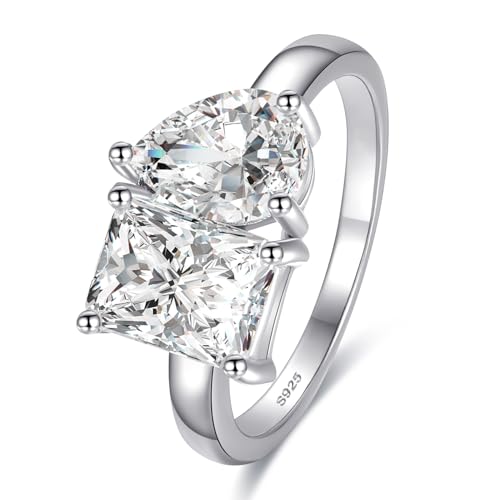 Toi Et Moi Ring 925 Sterling Silver Women Engagement Ring White Gold Plated 1.5ct 6x8mm Double Stone Ring Emerald & Pear Cut Cubic Zirconia Wedding Band Width Band 2mm Size 6