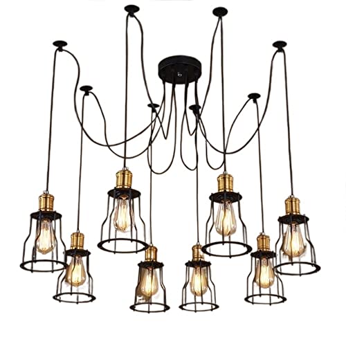 Lustre industriel noir E27 à 8 têtes en fer forgé pour salon rétro