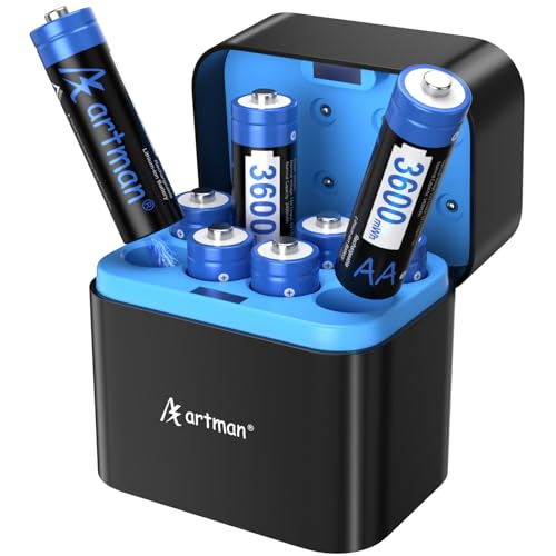 Artman Rechargeable AA Batteries Lithium with Fast Charger, 8 Pack 3600mWh AA Lithium Batteries for Blink Outdoor Camera, 1.5V Constant Output Double A Battery with 2000+ Cycles Charging Time (Black)