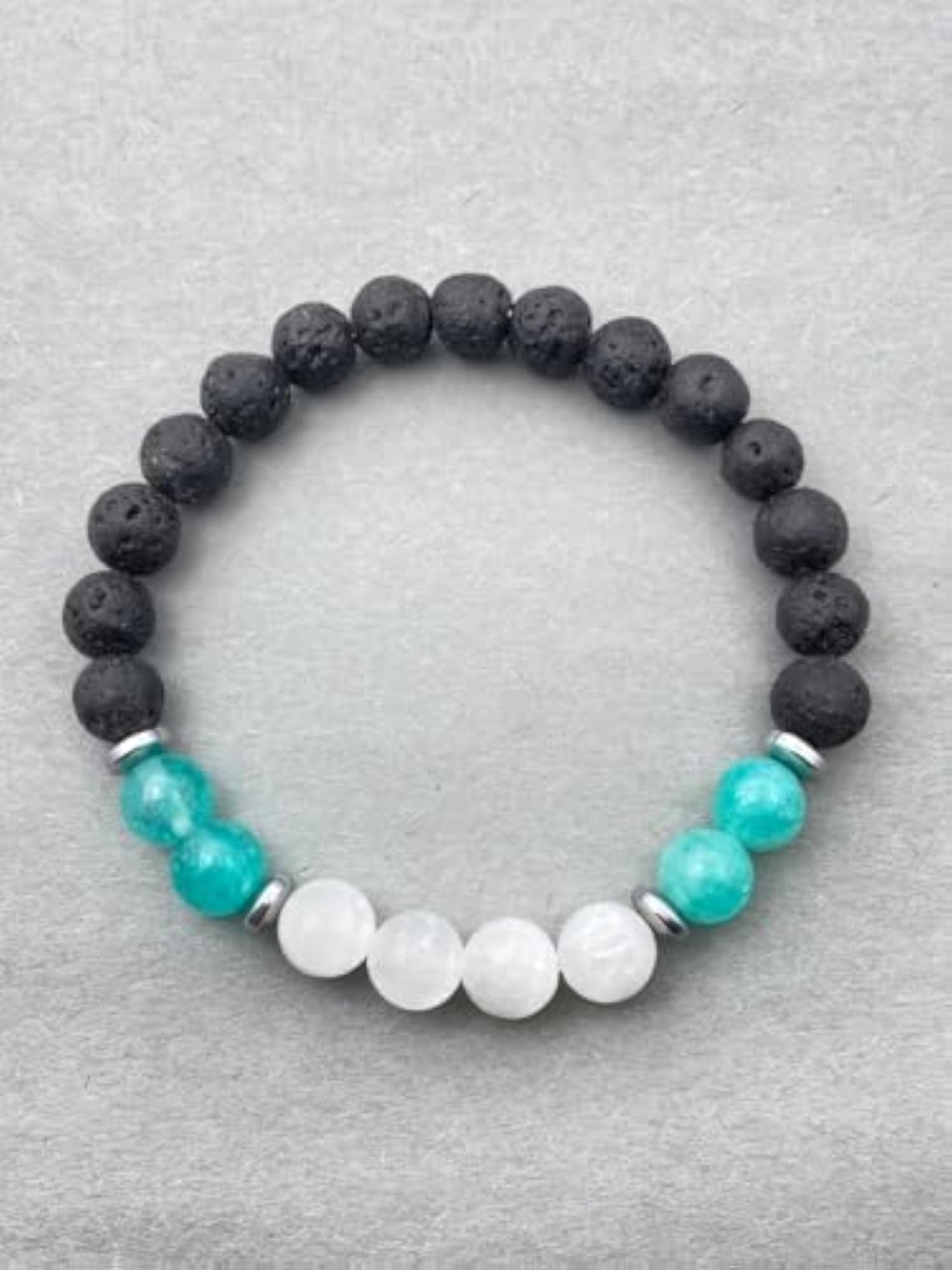 Natural Selenite & Black Lava 8mm Round Bead Stretchable Bracelet, Unisex