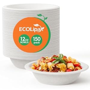 ECOLipak 150 Pack Paper Bowls Disposable 12 oz Compostable Bowls, Heavy duty Biodegradable Bowls, Eco Friendly Sugarcane Bagasse Bowls Great for Soup, Salad, Milk Cereals