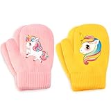 WAWSAM 3 Paar Fäustlinge Kinder Strick handschuhe Skihandschuhe für Mädchen Jungen (Rosa+Gelb)
