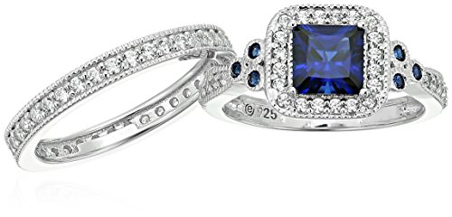 Amazon Collection Platinum-Plated Sterling Silver Princess Created Sapphire Vintage Bridal Set Infinite Elements Cubic Zirconia Ring, Size 7 #TOP4