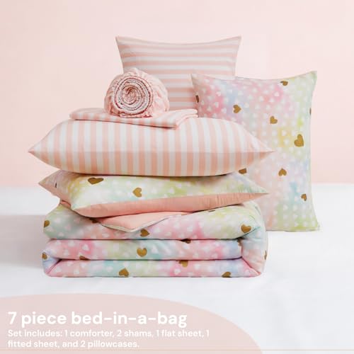 Image of BLOOMHAVEN Full Size Comforter Sets for Girls, 7 Pieces Pink Bedding Set with Colorful Gold Heart, All Seasons Kids Bed in a Bag with Sheets, Pillowcases & Shams