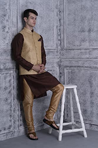 Image of Uri and MacKenzie Men's Silk Blend Regular Kurta Churidar Pyjama with Bundi Nehru Jacket /Waistcoat