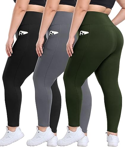 3 Pack Plus Size Leggings with Pockets for Women - High Waisted Tummy Control Spandex Soft Black Workout Yoga Pants