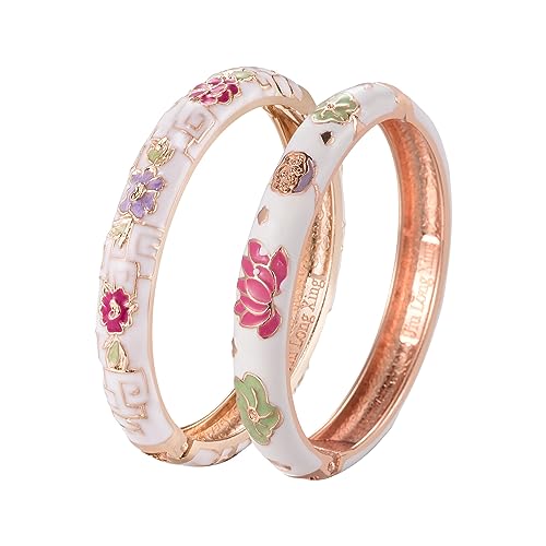 UJOY Vintage Cloisonne Bracelets Cuff Golden Metal Bangles Indian Flower Pink Enameled Jewelry Box for Women