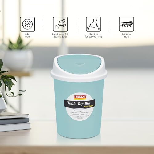 Image of RATAN PLASTICWARE Euro Clean Table Top Small Mini Dustbin with Swing Lid for Study Table, Desk, Kitchen Sink, Car, Kids Room| Compact and Stylish Waste Storage Garbage Bin - 1.5 Litre, Sky Blue