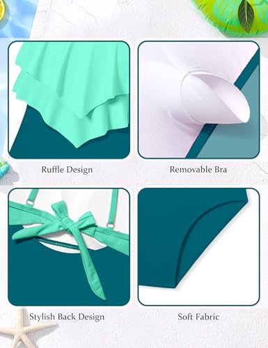 Image of Girls Swimsuit Color Block One Piece Swimsuit 2-Tiered Ruffle Bathing Suit Adjustable Strap Girls' Swimwear 7-16Y