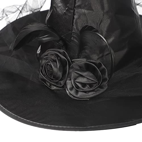 NICEYEA Halloween Women Witch Hats Costume Decorations Foldable Rose Gauze Black Witches Hat Adult Halloween Christmas Cosplay Accessories - Image 4