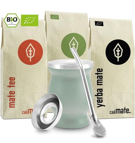 Mate Tee Set Bio ● 3 Matesorten + doppelwandiger Edelstahl Matebecher + Bombilla + Zubereitungsanleitung (grün)