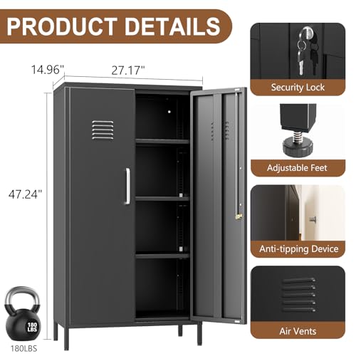 Image of pozdeg 47.24 inch Black Lockable Small Metal Storage Locker | Employees Locker with 2 Doors & 2 Adjustable Shelves, Steel File Cabinet for Employees, Home, School, Office & Gym
