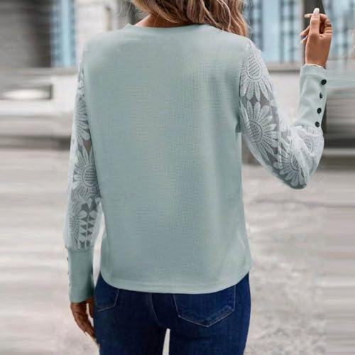 Waffle Knit Tops for Women Sunflower Lace Mesh Long Sleeve Sweater Crewneck Pullover Tee Shirt Lightweight Blouse3