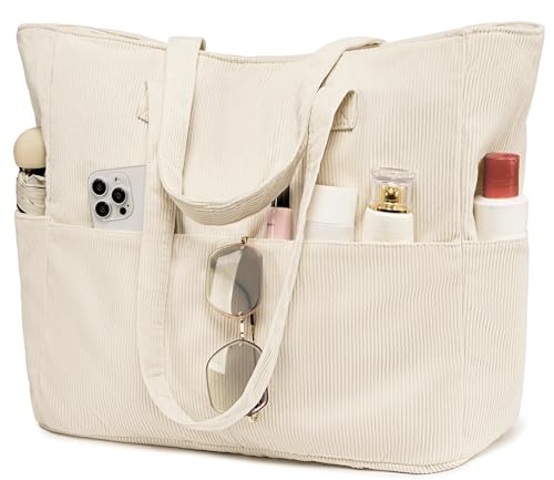 LEDAOU Große Strandtasche mit reißverschluss Damen Wasserdicht Umhängetasche Tragetasche shopper sanddicht mit Reißverschluss Pool Fitness Reisetasche familie(Cord Beige)