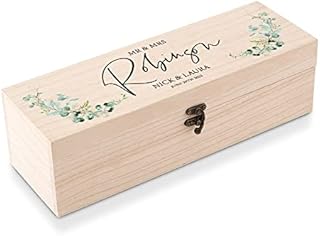 Personalised Wooden Wine or Champagne Box Wedding Keepsake Gift Eucalyptus Design