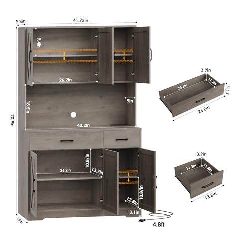 HOSTACK 71" Pantry Cabinet with Charging Station, Tall Kitchen Pantry Storage Cabinet with Microwave Stand, Farmhouse Kitchen Hutch with Storage Drawers for Living Room, Dining Room, Ash Grey