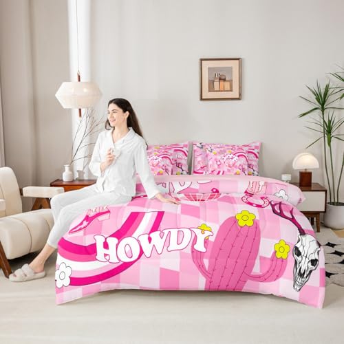 7 Pieces Cowgirls Comforter Set Full Size, Western Cowgirl Boots Hat Horseshoe Bedding Set, Hot Pink Daisy Cactus Cow Skull Bed in A Bag with Comforter, Sheets and Pillowcases, Kids Girls Room Decor