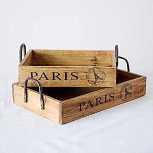 Image of Madulkelle Paris Trays - Set of 2, Rustic Wooden Trays with Cast Iron Handles and Paris Stamping