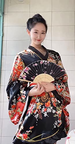 Japanese Anime Women's Dance Kimono Robe Fancy Dress Hand Held Silk Folding Fans Tabi Hairstick Socks Set