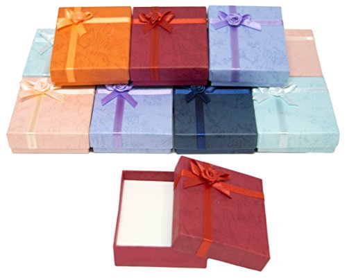 Novel Box® Cardboard Jewelry Pendant Gift Boxes with Rosebug Bows in Assorted Colors 2.5X2.8X0.75 (Pack of 12) + NB Cleaning Cloth