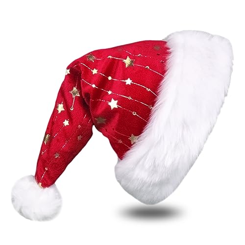 Lauzimi Red Sequins Santa Hat, Gold Star Plush Holiday Hats for Women, Comfortable Velvet Christmas Hat for New Year's Eve and Parties Decoration, Soft Xmas Hat for Adults Men