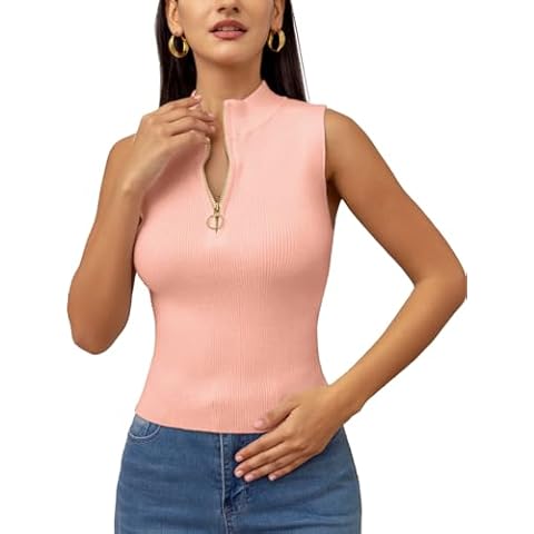Lanliun Trendy Top for Womens Zipper Knit Crop Tops Slim Fit Sweater Sleeveless Fashion Tank Pink Cover