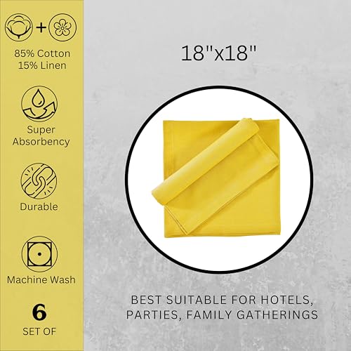 Image of FINGERCRAFT Table Napkins 18x18 Inches Set of 6 Cotton Linen Blend Fabric Dinner Cloth Napkins Washable and Reusable, Good Absorbency for Home, Parties, Hotels (Yellow)