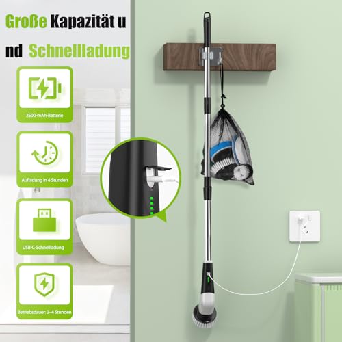 YKYI Elektrischer Reinigungsbürste,Spin Scrubber mit 8 Austauschbaren Bürstenköpfen,IPX7 wasserdichter,Schrubber für Badezimmer,Boden,Küche