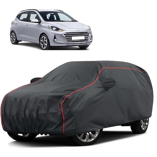 Image of Sulfar 100% Water Resistant Car Body Cover Compatible with Mirror for Hyundai Grand i10 Nios (Triple Stitched, Full Bottom Elastic, Dark Grey Taffeta with Red Piping)