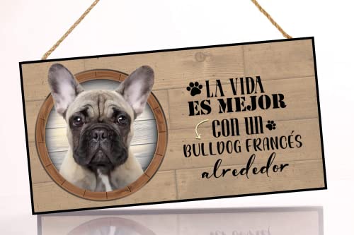 Cartel decorativo de madera Bulldog Francés. Regalo detalle original ideal para amantes de los animales y mascotas. Elige la raza de tu perro o gato preferido y decora tu casa. Texto frase en Español.
