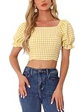 Allegra K Smocked Crop Top for Women's Bubble Sleeve Peasant Gingham Plaid Tops Medium Yellow