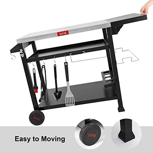 Feasto Three-Shelf Movable Food Prep Cart Table, Home And Outdoor Multifunctional Stainless Steel Table Top Worktable On Two Wheels, L50’’X W21.7’’X H33’’ #TOP6