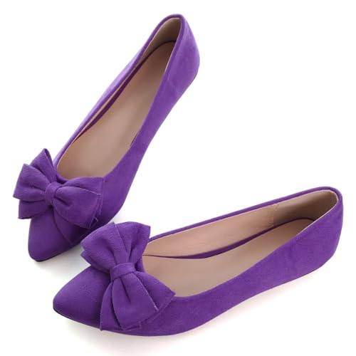 Image of SAILING LU Womens Bowknot Ballet Flats Pointy Toe Suede | Casual Flat Shoes, Dressy Wear to Work, Moccasins, Slip-Ons