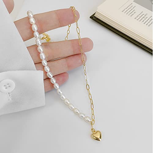 Bethynas Love Heart Necklace Pendant 14K Gold Plated Paper Clip Chain Baroque Freshwater Pearl Chain Vintage Punk Figaro Charm Valentine Gift Women Jewelry #TOP6