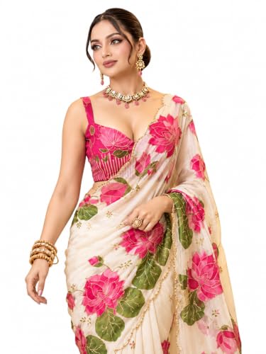 Kryone Off White Soft Georgette Handbrush Lotus Floral Designer S...