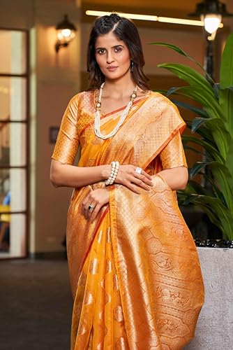 Image of SWORNOF Women's kanjivaram banarasi silk saree Zari Woven for festival Wedding silk with rich pallu Design sarees for women with Unstitched blouse piece (YELLOW)