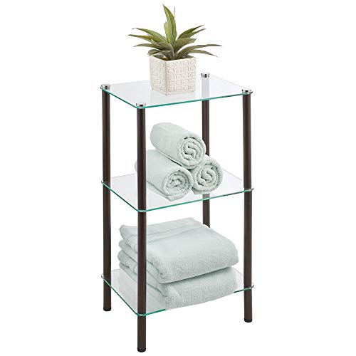 mDesign Organizador de baño de diseño para ahorrar espacio – Estantería moderna de metal con 3 estantes de vidrio – Mueble de baño ideal para cosméticos, toallas y más – color bronce y transparente