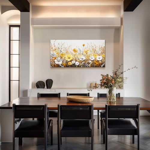 SERIMINO Wildflowers Large Wall Art, Modern Industrial Gold and Silver Floral Art Prints, Rustic Flower Field Canvas Paintings, Vintage Pictures for Living Room Bedroom Kitchen Decoration 24"X48"