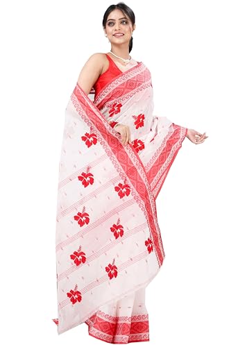 PuJoy Women Pure Cotton Boysko Jova Design Bengali Embroidery Tant Saree, Red White, One Size