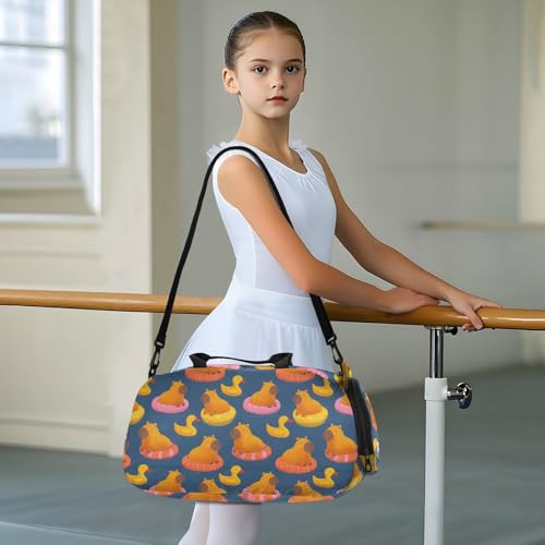 Duffle Bag for Boys or Girls with Shoes Compartment, Capybara Duck Pattern Sports Travel Bag Overnight3