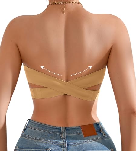 Image of DEANGELMON Strapless Bra for Women Crossover Side Closure Non-Slip Silicone Padded Bandeau Bras Wireless Tube Top Bra
