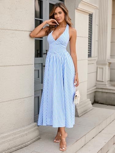 Image of Parthea Women's Gingham Halter V Neck Midi Dress Corset Smocked Sundress Flowy A Line Wedding Guest Dresses