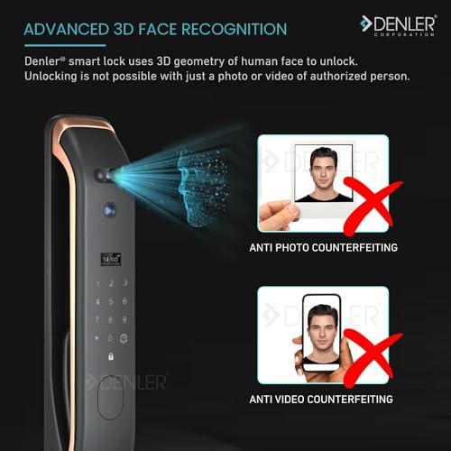Image of Denler FL04v2 8-in-1 Smart Door Lock | 3D Face ID | Fingerprint | App Unlock | LCD Camera | Dual Battery | WiFi |RFID | PIN | Key | Android & iPhone App | 5 Years Warranty