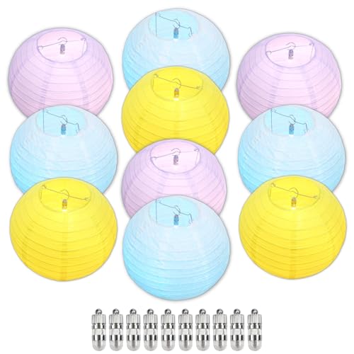 Image of Chinese Paper Lanterns - Pack of 10, 10-Inch Blue /Purple /Yellow Hanging Lights for Birthday Party Decorations, Ceiling Decor, Rainbow Classroom, Wedding, and Home Party